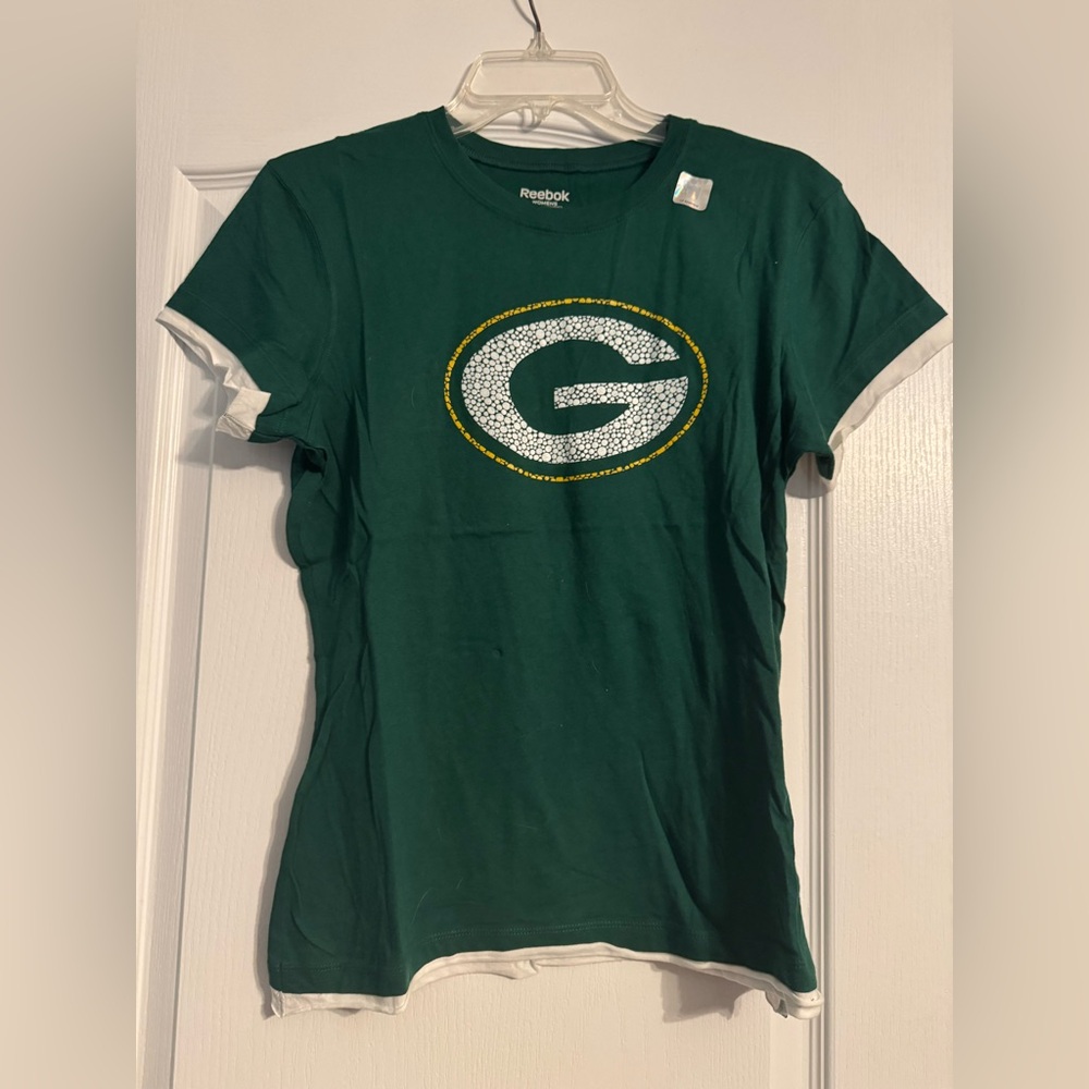 Reebok Women's Green Bay G Logo Green Short Sleeve Tee with White Sleeve Trim
